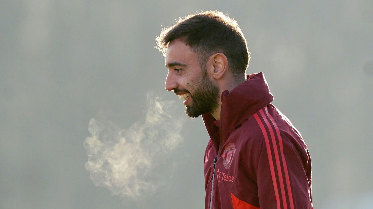 Manchester United's Bruno Fernandes during a training session at the Trafford Training Centre in Carrington, Greater Manchester. Picture date: Tuesday November 28, 2023.