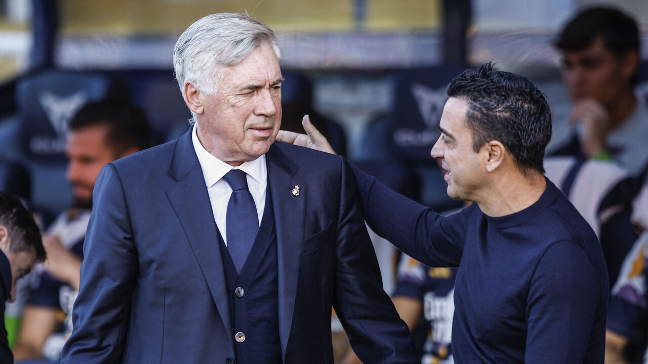Coach Carlo Ancelotti of Real Madrid and Xavi Hernandez coach of FC Barcelona during the La Liga "el clasico" match between FC Barcelona v Real Madrid at Estadi Olimpic Lluis Companys in Barcelona, Spain, on October 28th, 2023.