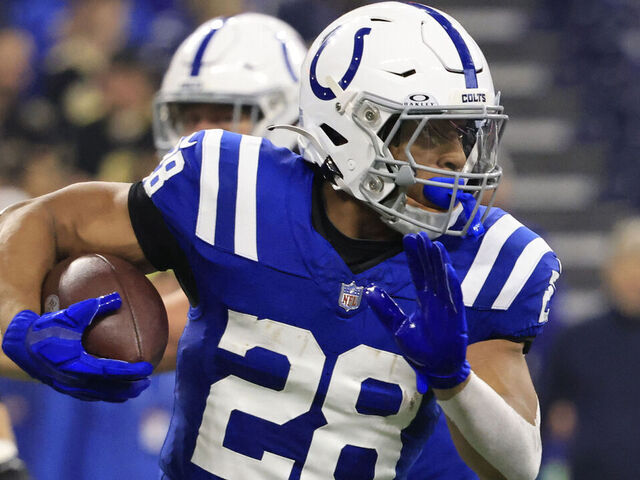 INDIANAPOLIS, INDIANA - OCTOBER 29: Jonathan Taylor #28 of the Indianapolis Colts runs the ball in the game against the New Orleans Saints at Lucas Oil Stadium on October 29, 2023 in Indianapolis, Indiana.