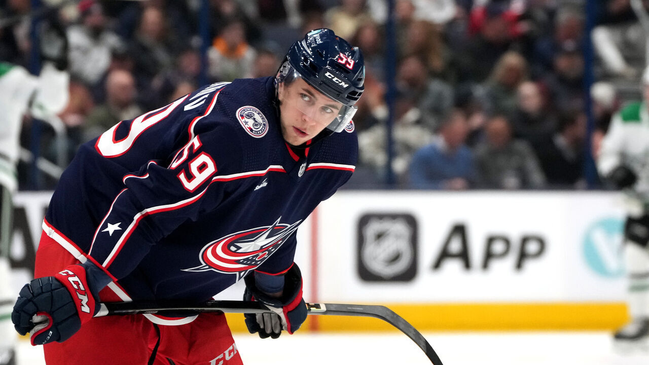COLUMBUS, OHIO - NOVEMBER 09: Yegor Chinakhov #59 of the Columbus Blue Jackets waits for the start of the first period against the Dallas Stars at Nationwide Arena on November 09, 2023 in Columbus, Ohio.