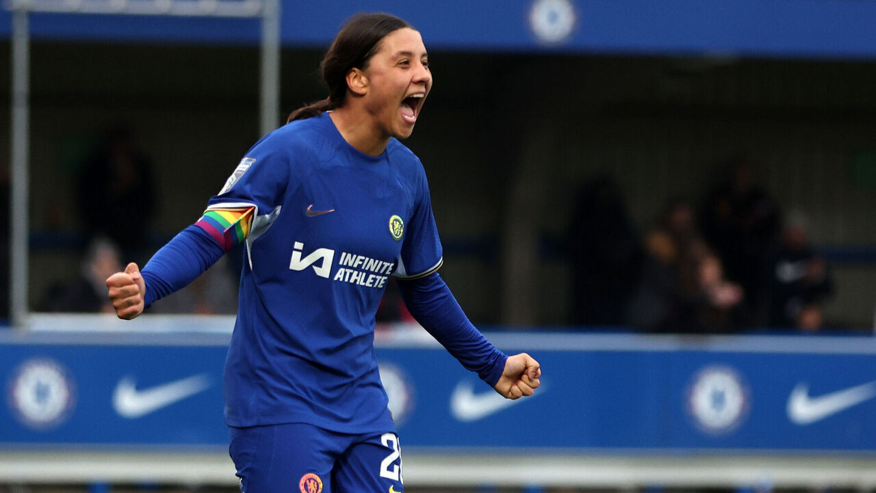 Chelsea's Sam Kerr celebrates scoring their side's third goal of the game during the Barclays Women's Super League match at Kingsmeadow, London. Picture date: Sunday November 26, 2023.