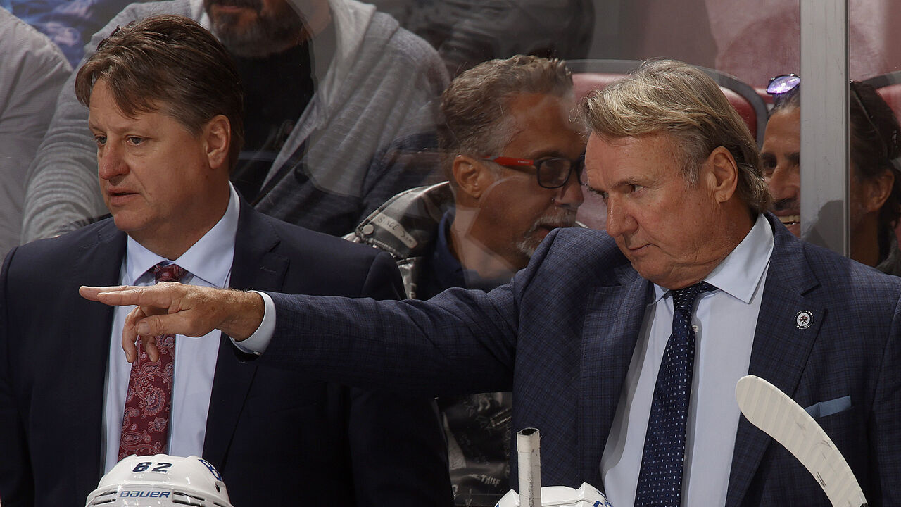 SUNRISE, FLORIDA - NOVEMBER 24: Winnipeg Jets Head Coach Rick Bowness directs his team from the bench against the Florida Panthers at the Amerant Bank Arena on November 24, 2023 in Sunrise, Florida.