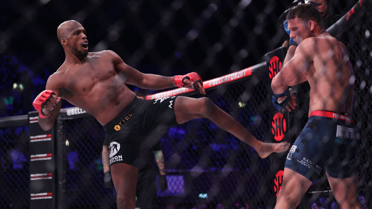 Michael Page kicks Logan Storley during the Bellator 281: MVP vs. Storley event at the SSE Arena, Wembley, London on Friday 13th May 2022.