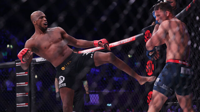 Michael Page kicks Logan Storley during the Bellator 281: MVP vs. Storley event at the SSE Arena, Wembley, London on Friday 13th May 2022.