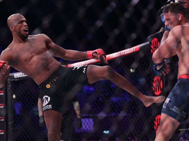 Michael Page kicks Logan Storley during the Bellator 281: MVP vs. Storley event at the SSE Arena, Wembley, London on Friday 13th May 2022.