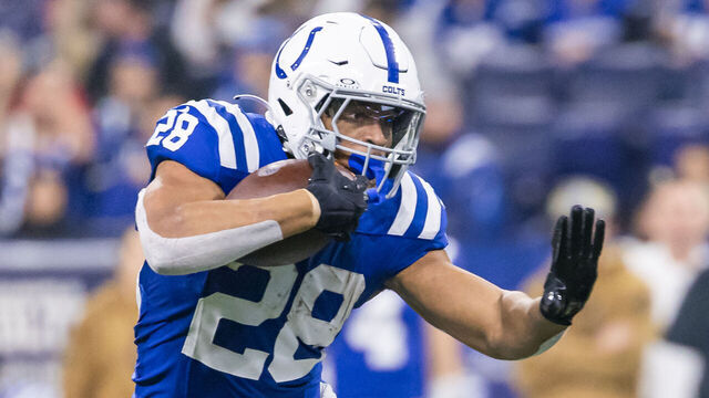 INDIANAPOLIS, INDIANA - NOVEMBER 26: Jonathan Taylor #28 of the Indianapolis Colts runs the ball during the game against the Tampa Bay Buccaneers at Lucas Oil Stadium on November 26, 2023 in Indianapolis, Indiana.