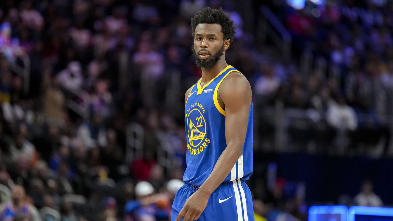 DETROIT, MICHIGAN - NOVEMBER 06: Andrew Wiggins #22 of the Golden State Warriors looks on against the Detroit Pistons at Little Caesars Arena on November 06, 2023 in Detroit, Michigan.