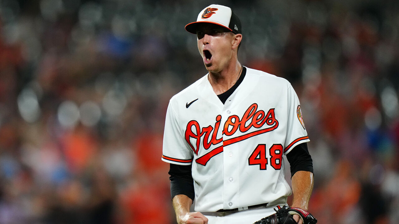 BALTIMORE, MD - AUGUST 24: Kyle Gibson #48 of the Baltimore Orioles reacts after the eighth inning during the game between the Toronto Blue Jays and the Baltimore Orioles at Oriole Park at Camden Yards on Thursday, August 24, 2023 in Baltimore, Maryland.
