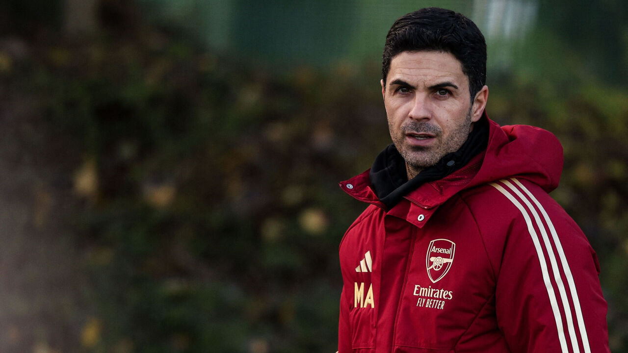 Arsenal's Spanish manager Mikel Arteta reacts as he attends a team training session at Arsenal's training ground in north London, on November 28, 2023, on the eve of their UEFA Champions League Group B football match against Lens.