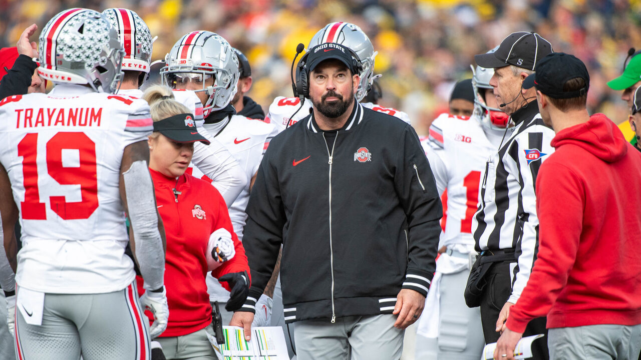 ANN ARBOR, MICHIGAN - NOVEMBER 25: Head Football Coach Ryan Day of the Ohio State Buckeyes is seen during the first half a college football game against the Michigan Wolverines at Michigan Stadium on November 25, 2023 in Ann Arbor, Michigan.