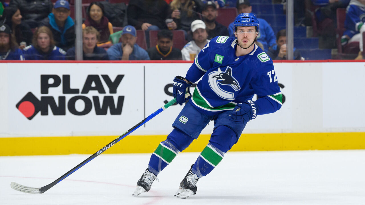 VANCOUVER, CANADA - APRIL 6: Anthony Beauvillier #72 of the Vancouver Canucks skates up ice during the first period of their NHL game against the Chicago Blackhawks at Rogers Arena on April 6, 2023 in Vancouver, British Columbia, Canada.