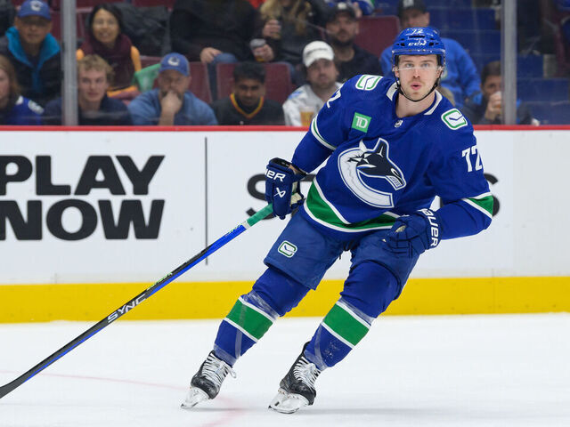 VANCOUVER, CANADA - APRIL 6: Anthony Beauvillier #72 of the Vancouver Canucks skates up ice during the first period of their NHL game against the Chicago Blackhawks at Rogers Arena on April 6, 2023 in Vancouver, British Columbia, Canada.