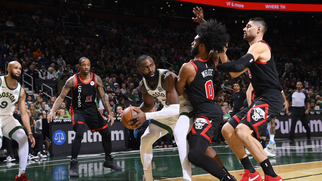 BOSTON, MA - NOVEMBER 28: Jaylen Brown #7 of the Boston Celtics looks to pass the ball during the game against the Chicago Bulls during the In-Season Tournament on November 28, 2023 at the TD Garden in Boston, Massachusetts. Mandatory Copyright Notice: Copyright 2023 NBAE