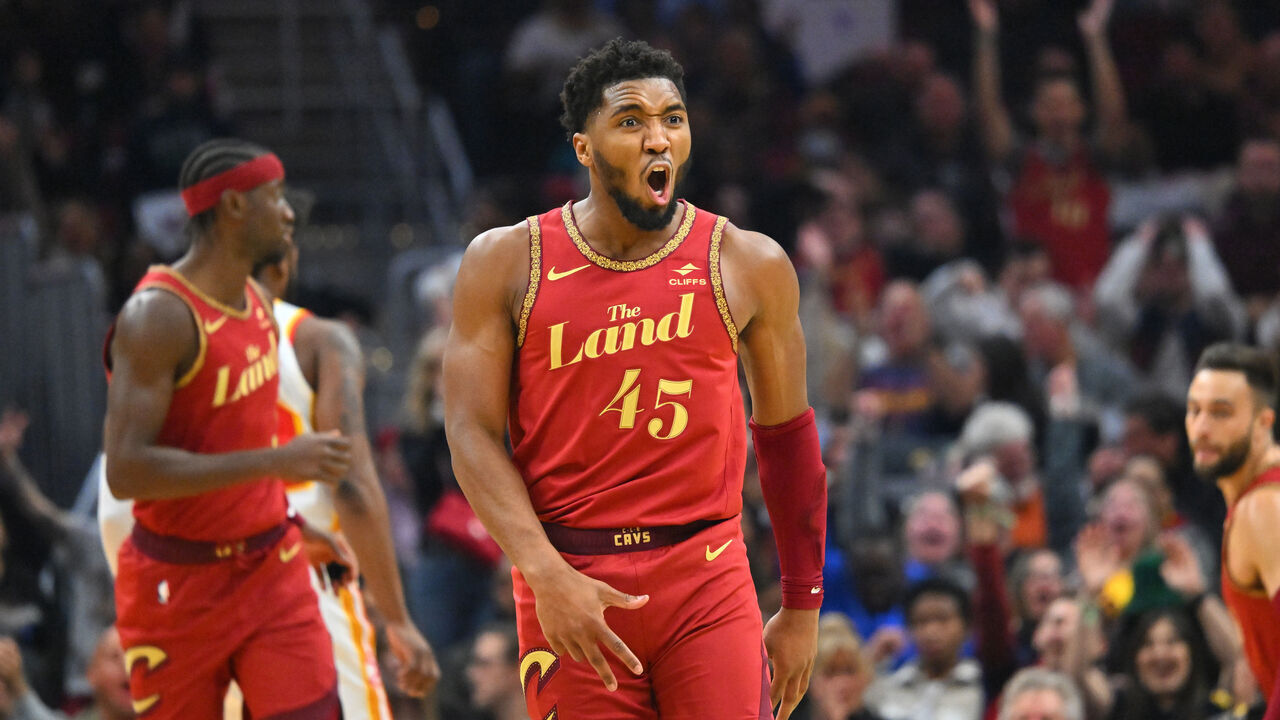 CLEVELAND, OHIO - NOVEMBER 28: Donovan Mitchell #45 of the Cleveland Cavaliers celebrates after scoring during the second quarter of an NBA In-Season Tournament game against the Atlanta Hawks at Rocket Mortgage Fieldhouse on November 28, 2023 in Cleveland, Ohio.