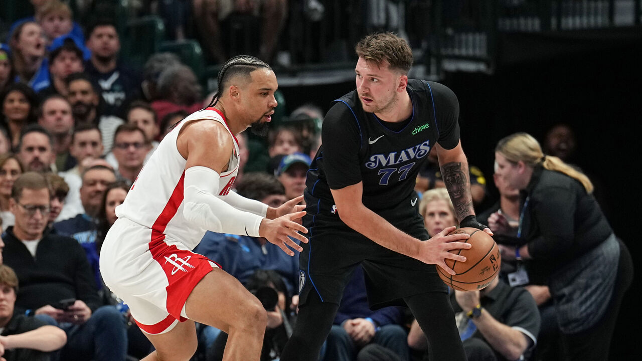 DALLAS, TX - NOVEMBER 28: Dillon Brooks #9 of the Houston Rockets plays defense during the game against Luka Doncic #77 of the Dallas Mavericks In-Season Tournament on November 28, 2023 at the American Airlines Center in Dallas, Texas. Mandatory Copyright Notice: Copyright 2023 NBAE