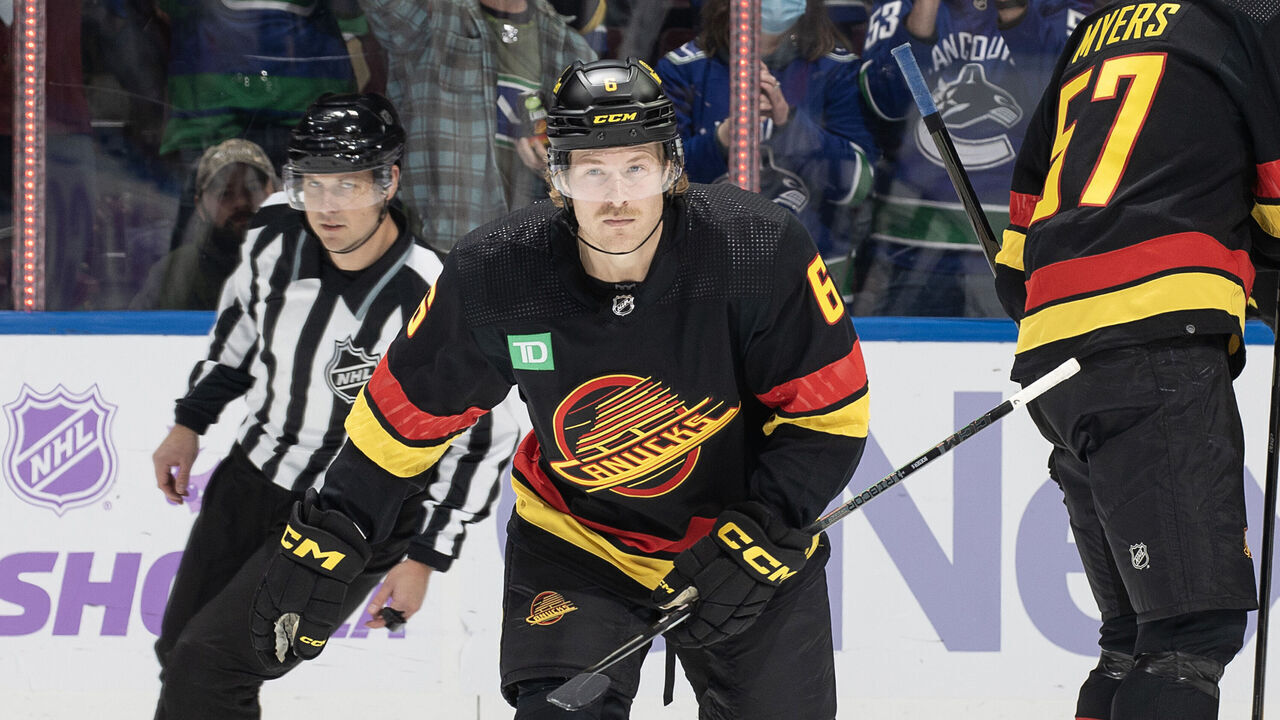 VANCOUVER, CANADA - NOVEMBER 28: Brock Boeser #6 of the Vancouver Canucks skates back to the bench to celebrate his goal with teammates during the first period of their NHL game against the Anaheim Ducks at Rogers Arena on November 28, 2023 in Vancouver, British Columbia, Canada.