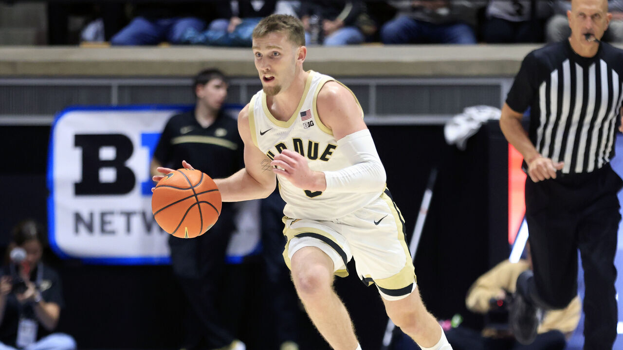 WEST LAFAYETTE, INDIANA - NOVEMBER 28: Braden Smith #3 of the Purdue Boilermakers brings the ball up court against the Texas Southern Tigers during the second half at Mackey Arena on November 28, 2023 in West Lafayette, Indiana.
