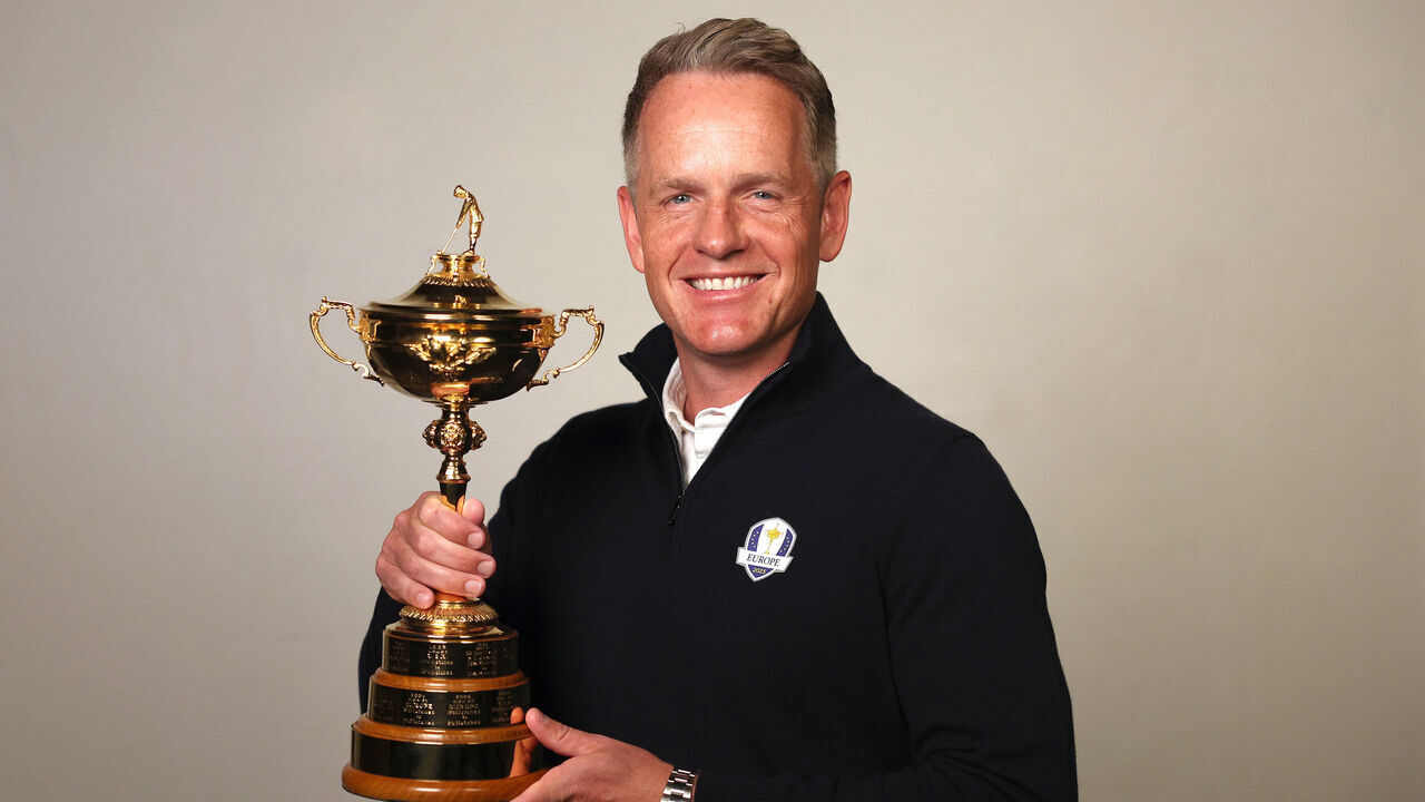 LONDON, ENGLAND - NOVEMBER 28: 2025 European Ryder Cup Captain, Luke Donald poses with the Ryder Cup on November 28, 2023 in London, England.