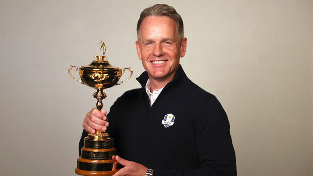 LONDON, ENGLAND - NOVEMBER 28: 2025 European Ryder Cup Captain, Luke Donald poses with the Ryder Cup on November 28, 2023 in London, England.