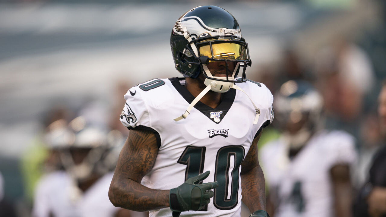 PHILADELPHIA, PA - AUGUST 22: DeSean Jackson #10 of the Philadelphia Eagles warms up prior to the preseason game against the Baltimore Ravens at Lincoln Financial Field on August 22, 2019 in Philadelphia, Pennsylvania.