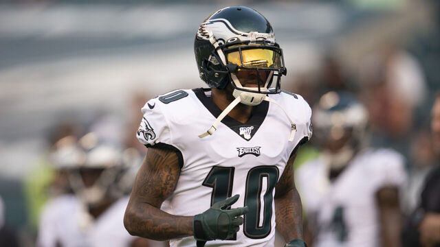 PHILADELPHIA, PA - AUGUST 22: DeSean Jackson #10 of the Philadelphia Eagles warms up prior to the preseason game against the Baltimore Ravens at Lincoln Financial Field on August 22, 2019 in Philadelphia, Pennsylvania.