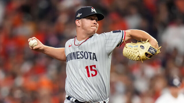 HOUSTON, TX - OCTOBER 07: Emilio Pagan #15 of the Minnesota Twins pitches during game one of the Division Series against the Houston Astros on October 7, 2023 at Minute Maid Park in Houston, Texas.