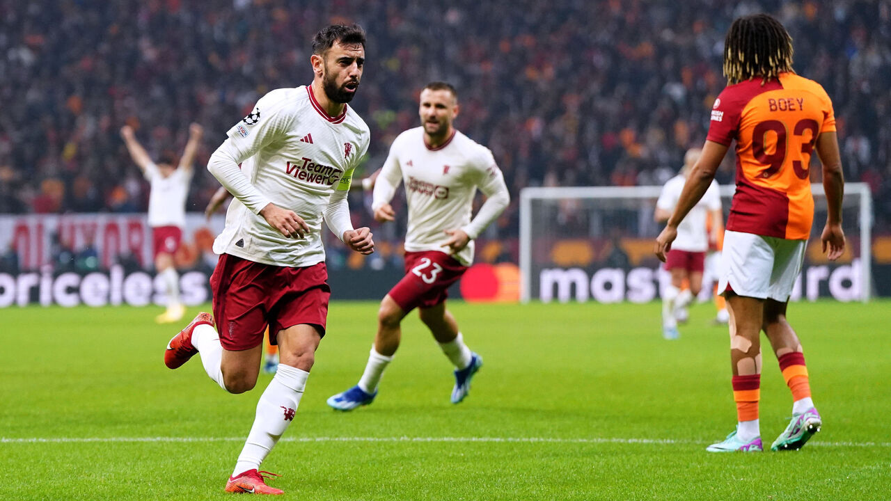 Manchester United's Bruno Fernandes celebrates scoring their side's second goal of the game during the UEFA Champions League Group A match at RAMS Park, Istanbul. Picture date: Wednesday November 29, 2023.