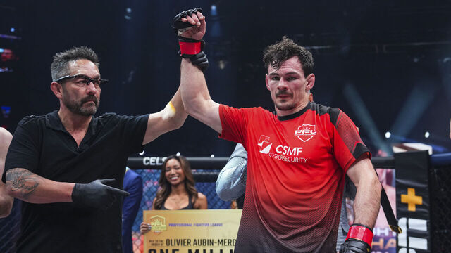 WASHINGTON, DC - NOVEMBER 24: Olivier Aubin-Mercier of Canada reacts after his victory against Clay Collard during the 2023 PFL Championships at The Anthem on November 24, 2023 in Washington, DC.