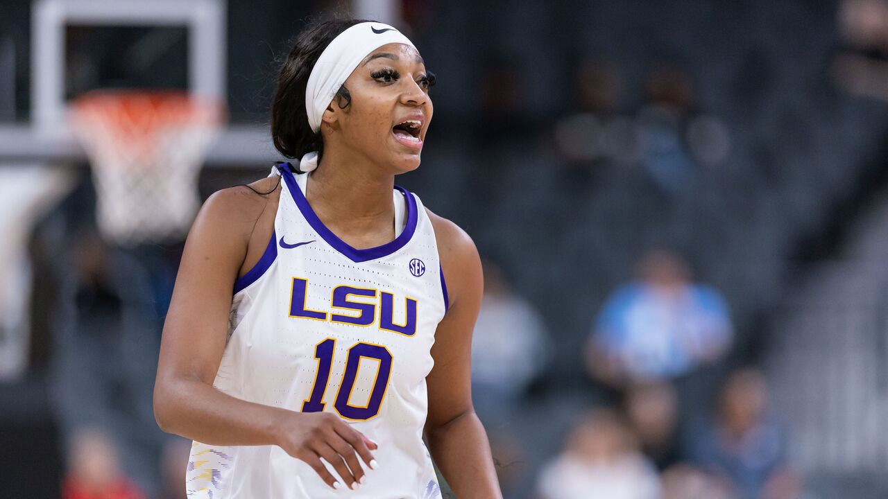LAS VEGAS, NEVADA - NOVEMBER 6: Angel Reese #10 of the LSU Lady Tigers is seen during the game against the Colorado Buffaloes in the Naismith Hall of Fame Series at T-Mobile Arena on November 6, 2023 in Las Vegas, Nevada.