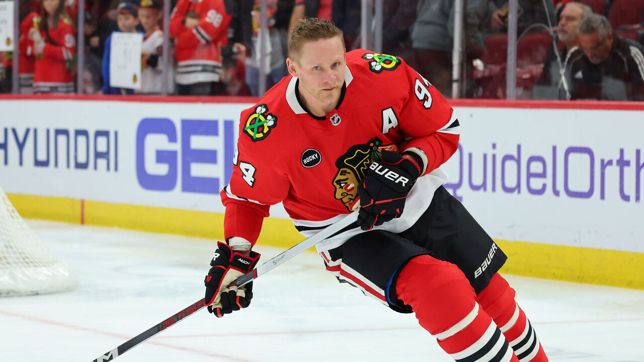 CHICAGO, ILLINOIS - OCTOBER 21: Corey Perry #94 of the Chicago Blackhawks warms up prior to the game against the Vegas Golden Knights at the United Center on October 21, 2023 in Chicago, Illinois.