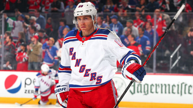 NEWARK, NEW JERSEY - APRIL 18: Patrick Kane #88 of the New York Rangers warms up prior to Game One of the First Round of the 2023 Stanley Cup Playoffs against the New Jersey Devils at the Prudential Center on April 18, 2023 in Newark, New Jersey.