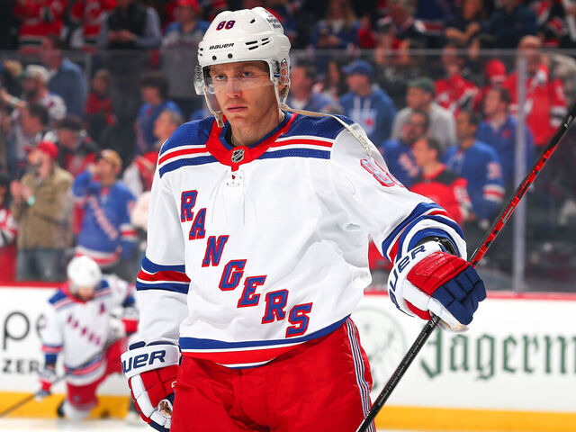 NEWARK, NEW JERSEY - APRIL 18: Patrick Kane #88 of the New York Rangers warms up prior to Game One of the First Round of the 2023 Stanley Cup Playoffs against the New Jersey Devils at the Prudential Center on April 18, 2023 in Newark, New Jersey.