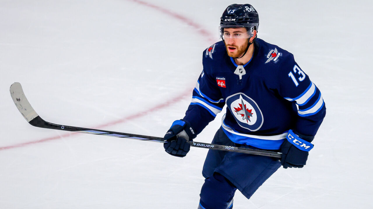 WINNIPEG, CANADA - OCTOBER 14: Gabriel Vilardi #13 of the Winnipeg Jets skates during third period action against the Florida Panthers at Canada Life Centre on October 14, 2023 in Winnipeg, Manitoba, Canada.