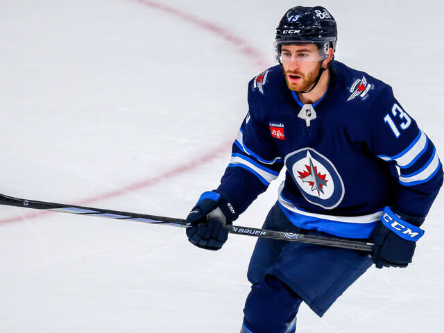 WINNIPEG, CANADA - OCTOBER 14: Gabriel Vilardi #13 of the Winnipeg Jets skates during third period action against the Florida Panthers at Canada Life Centre on October 14, 2023 in Winnipeg, Manitoba, Canada.