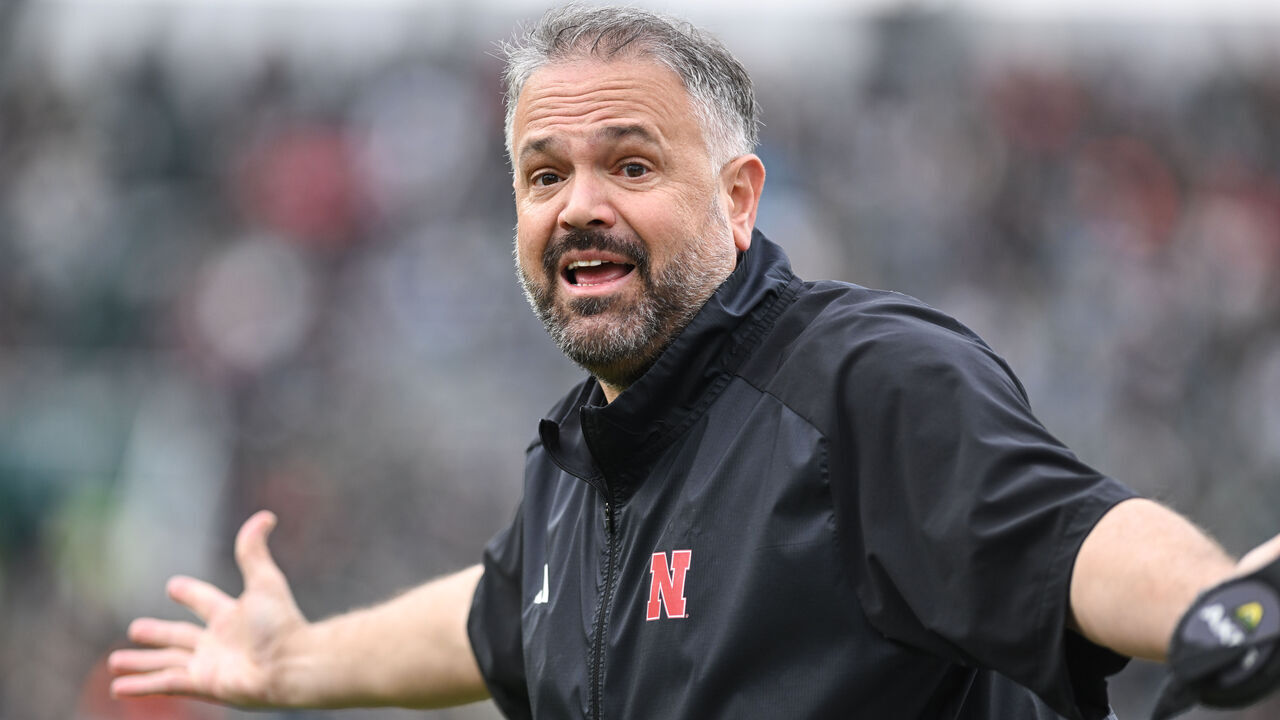 EAST LANSING, MI - NOVEMBER 04: Nebraska Cornhuskers head coach Matt Rhule questions the officiating during a college football game between the Michigan State Spartans and Nebraska Cornhuskers on November 4, 2023 at Spartan Stadium in East Lansing, MI.
