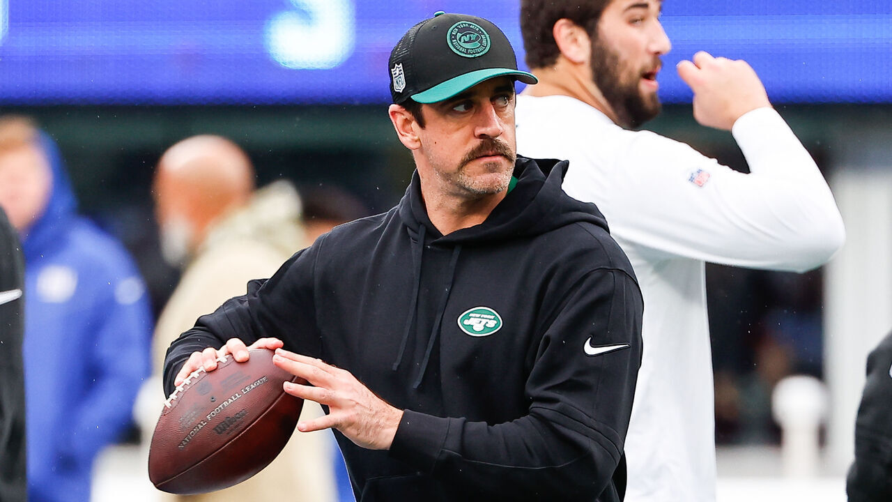 EAST RUTHERFORD, NJ - OCTOBER 29: Aaron Rodgers (8) of the New York Jets on the field prior to the game against the New York Giants on October 29, 2023 at MetLife Stadium in East Rutherford, New Jersey.