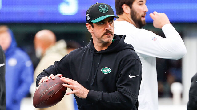 EAST RUTHERFORD, NJ - OCTOBER 29: Aaron Rodgers (8) of the New York Jets on the field prior to the game against the New York Giants on October 29, 2023 at MetLife Stadium in East Rutherford, New Jersey.