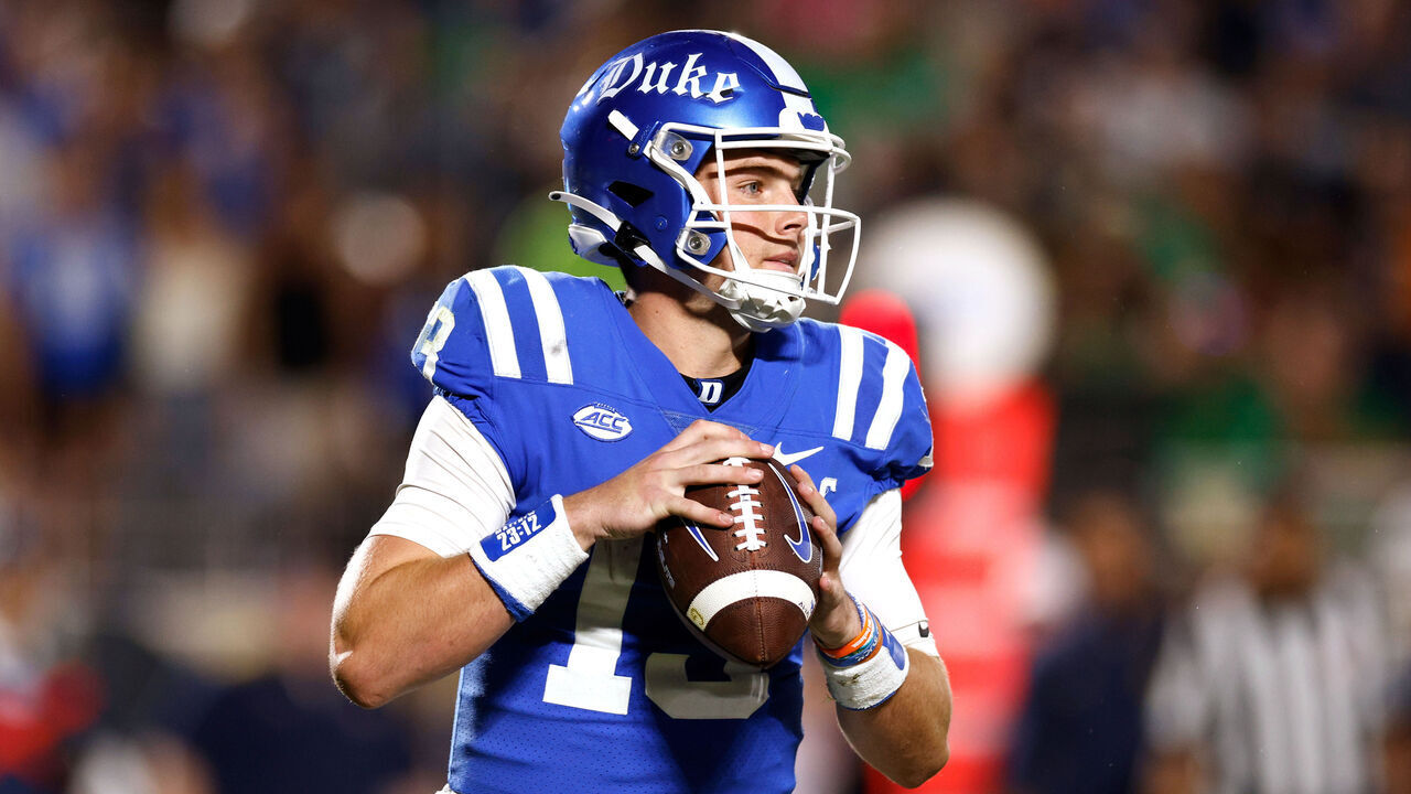 DURHAM, NORTH CAROLINA - SEPTEMBER 30: Riley Leonard #13 of the Duke Blue Devils drops back to pass against the Notre Dame Fighting Irish at Wallace Wade Stadium on September 30, 2023 in Durham, North Carolina. Notre Dame won 21-14.