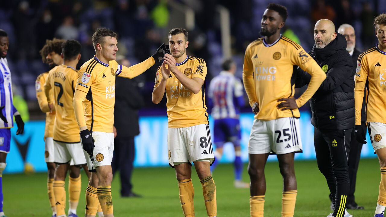 SHEFFIELD, ENGLAND - NOVEMBER 29: Jamie Vardy of Leicester City and Harry Winks of Leicester City after the Sky Bet Championship match between Sheffield Wednesday and Leicester City at Hillsborough on November 29, 2023 in Sheffield, United Kingdom.