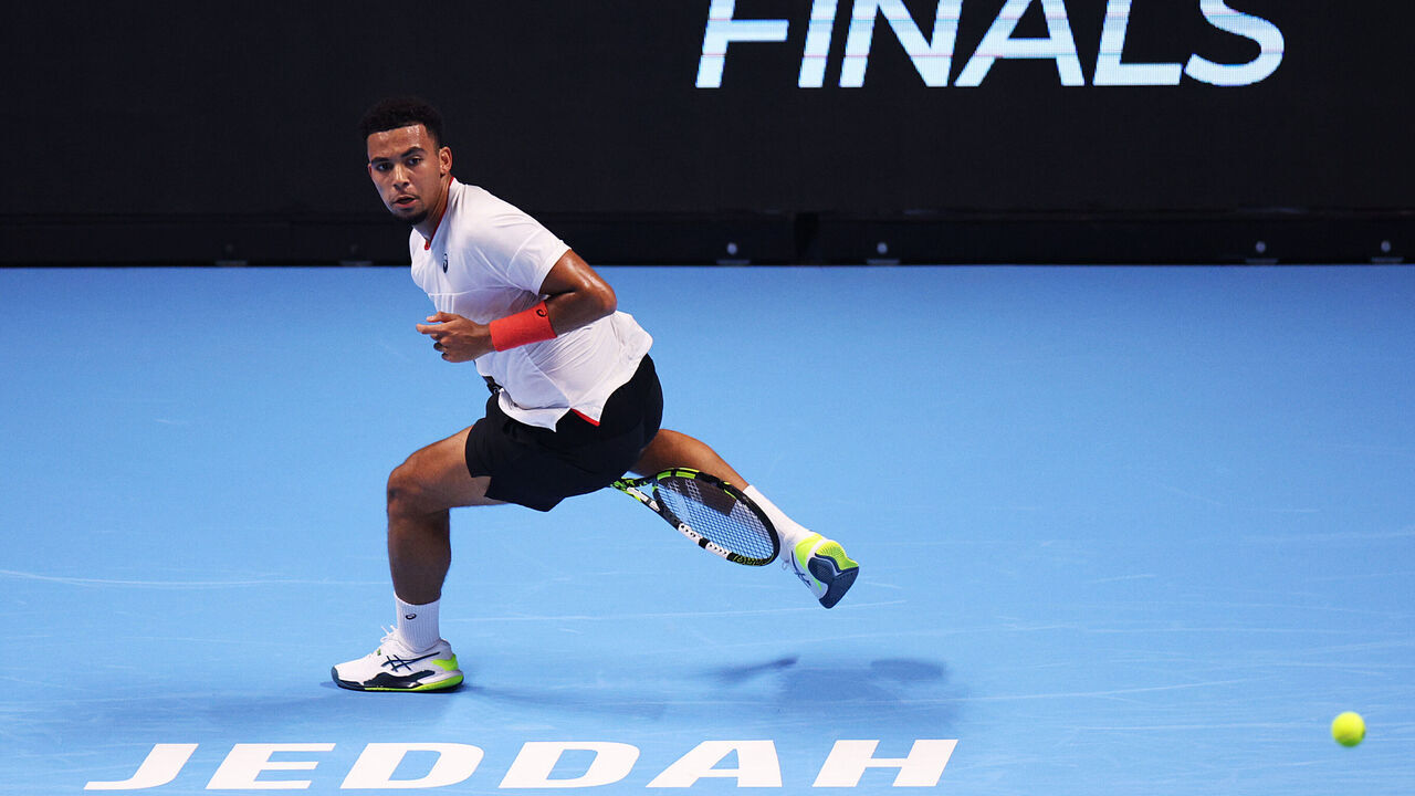 JEDDAH, SAUDI ARABIA - NOVEMBER 29: Arthur Fils of France plays a shot in his second round robin match against Fabio Cobolli of Italy during day two of the Next Gen ATP Finals at King Abdullah Sports City on November 29, 2023 in Jeddah, Saudi Arabia.