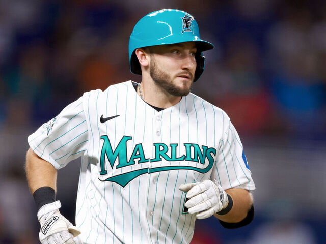 MIAMI, FLORIDA - SEPTEMBER 22: Garrett Hampson #1 of the Miami Marlins in action against the Milwaukee Brewers during the seventh inning at loanDepot park on September 22, 2023 in Miami, Florida.