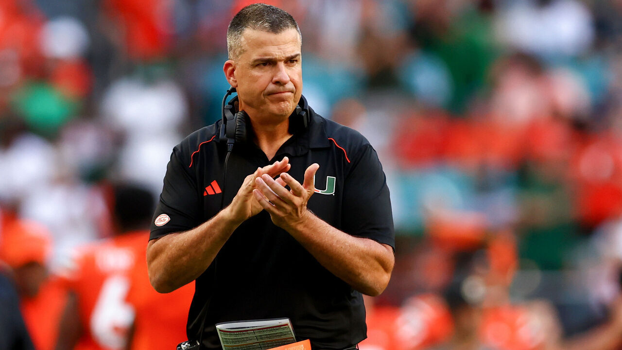 MIAMI GARDENS, FLORIDA - OCTOBER 28: Head coach Mario Cristobal of the Miami Hurricanes looks on during the second half of the game against the Virginia Cavaliers at Hard Rock Stadium on October 28, 2023 in Miami Gardens, Florida.
