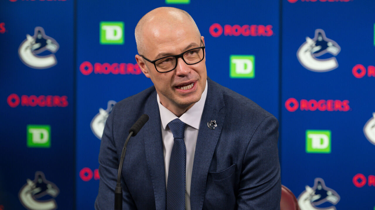 VANCOUVER, BC - MARCH 20: Vancouver Canucks general manager Patrik Allvin speaks to the press prior to their NHL game against the Buffalo Sabres at Rogers Arena on March 20, 2022 in Vancouver, British Columbia, Canada.