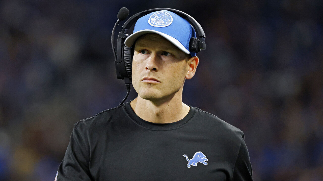 DETROIT, MICHIGAN - SEPTEMBER 24: Ben Johnson offensive coordinator with the Detroit Lions looks on during a game against the Atlanta Falcons at Ford Field on September 24, 2023 in Detroit, Michigan.