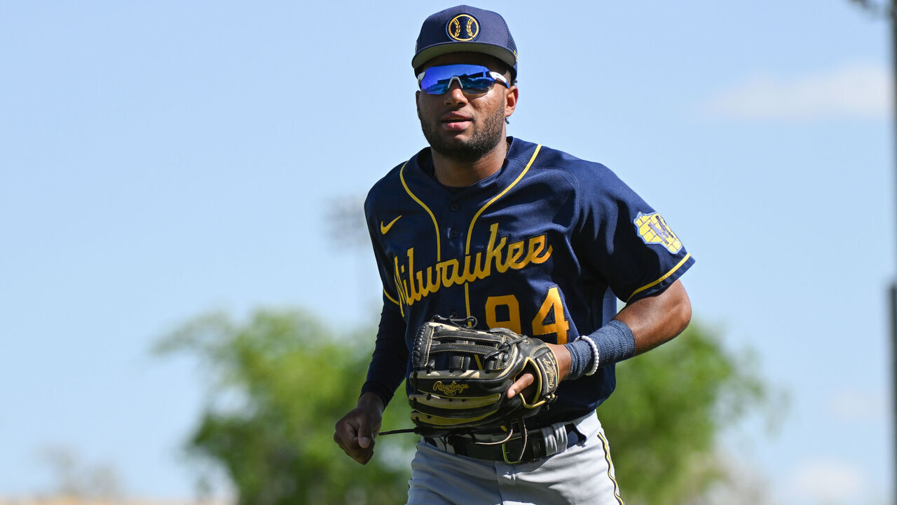 GLENDALE, ARIZONA - MARCH 24, 2023: Jackson Chourio #94 of the Milwaukee Brewers runs off the field after the eighth inning of a spring training game against the Los Angeles Dodgers at Camelback Ranch on March 24, 2023 in Glendale, Arizona.