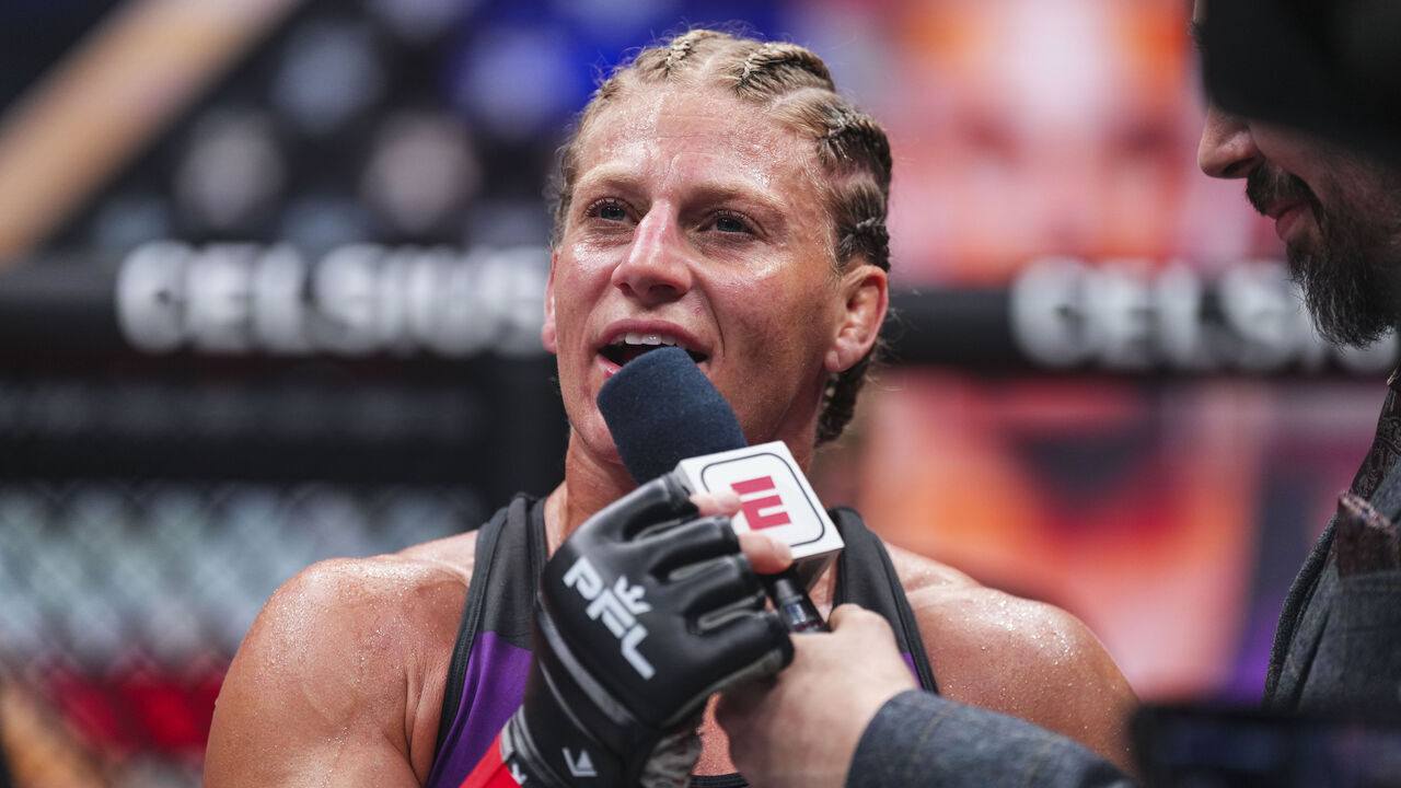 WASHINGTON, DC - NOVEMBER 24: Kayla Harrison reacts after her victory against Aspen Ladd during the 2023 PFL Championships at The Anthem on November 24, 2023 in Washington, DC.