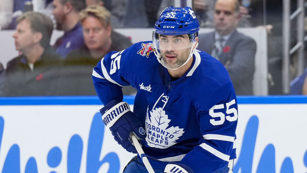 TORONTO, ON - NOVEMBER 8: Mark Giordano #55 of the Toronto Maple Leafs skates against the Ottawa Senators during the first period at the Scotiabank Arena on November 8, 2023 in Toronto, Ontario, Canada.
