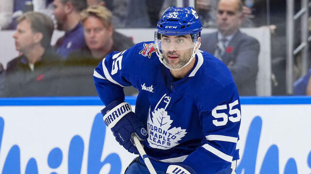 TORONTO, ON - NOVEMBER 8: Mark Giordano #55 of the Toronto Maple Leafs skates against the Ottawa Senators during the first period at the Scotiabank Arena on November 8, 2023 in Toronto, Ontario, Canada.