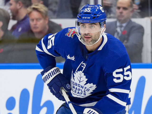 TORONTO, ON - NOVEMBER 8: Mark Giordano #55 of the Toronto Maple Leafs skates against the Ottawa Senators during the first period at the Scotiabank Arena on November 8, 2023 in Toronto, Ontario, Canada.