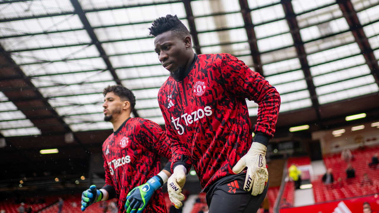 MANCHESTER, ENGLAND - SEPTEMBER 30: Andre Onana and Altay Bayindir of Manchester United warm up ahead of the Premier League match between Manchester United and Crystal Palace at Old Trafford on September 30, 2023 in Manchester, England.